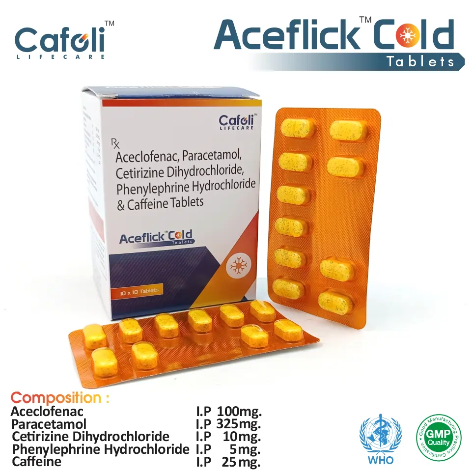 Aceclofenac 100mg + Paracetamol 325mg + Cetirizine 10mg + Phenylephrine 5mg + Caffeine 25mg Tablet Box and strip packing
